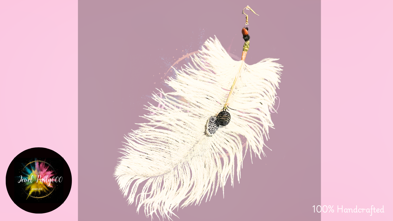 Feathered earring on a pink background with 'Jewelswell' branding.