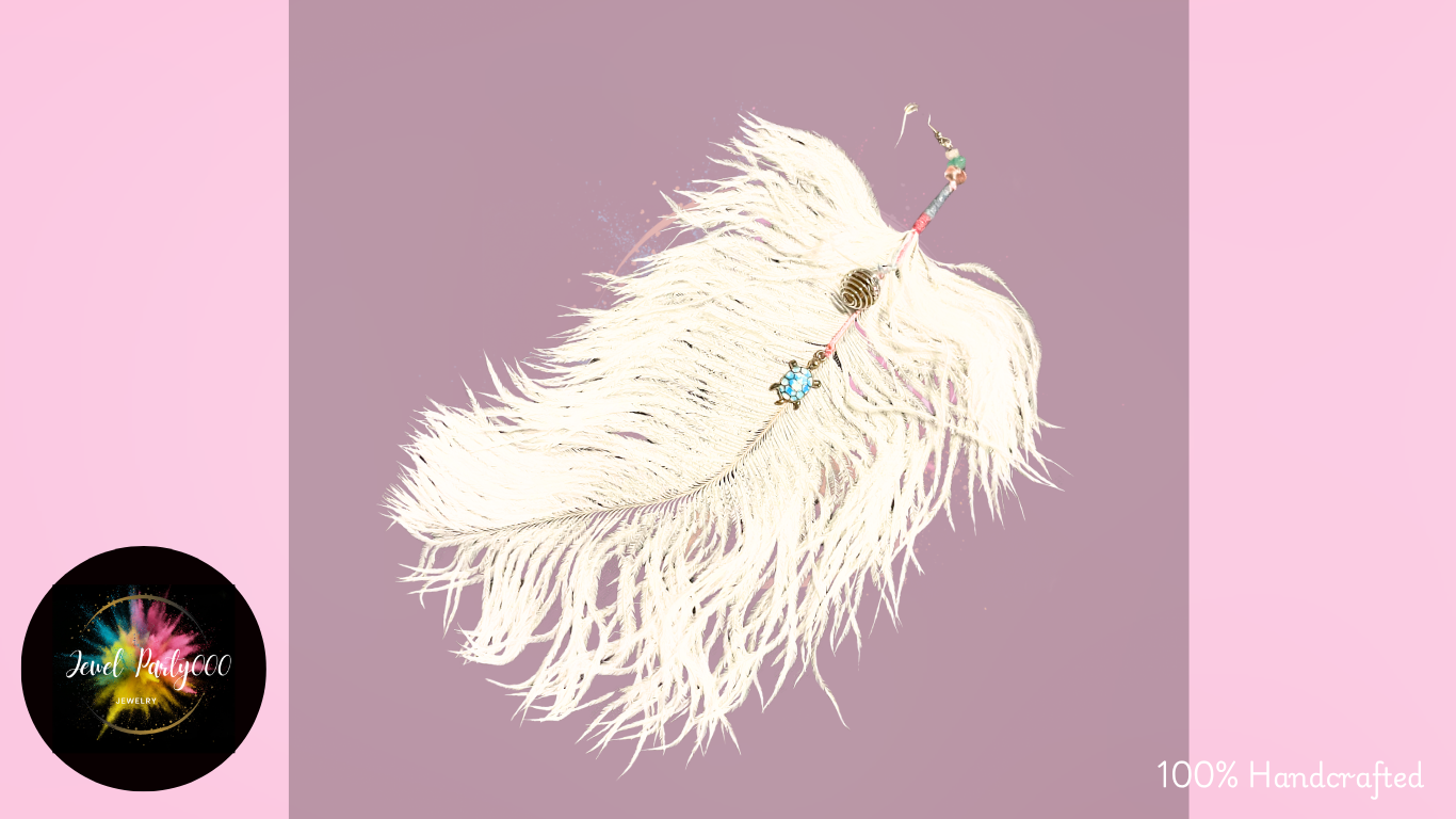 Feathered hair accessory with gemstones on a pink background