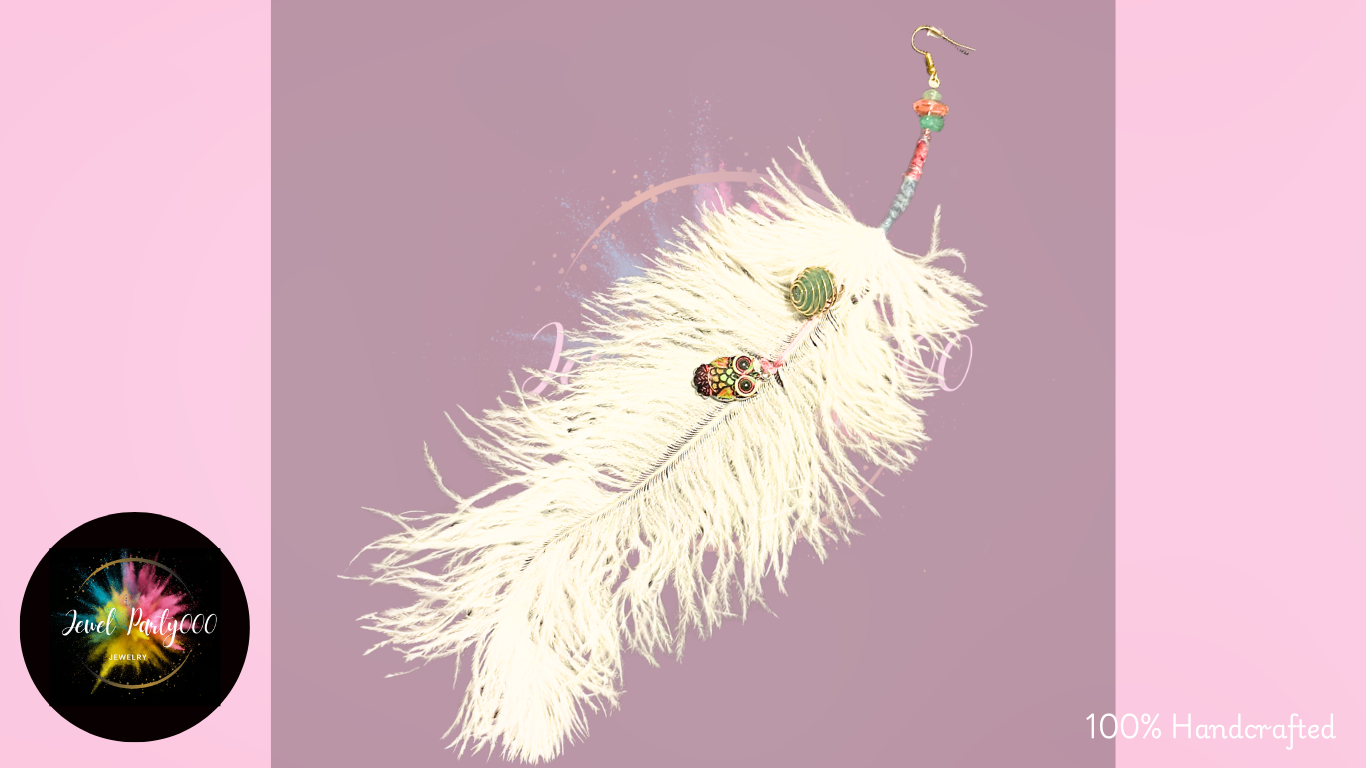 Decorative feather with cage and stone and colorful owl